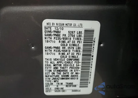 2011 Nissan Murano S z USA, uszkodzony, nr VIN JN8AZ1MW0BW166019